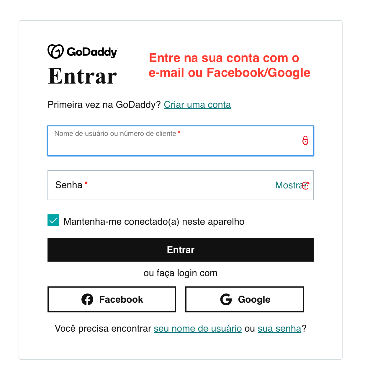 GoDaddy login screen