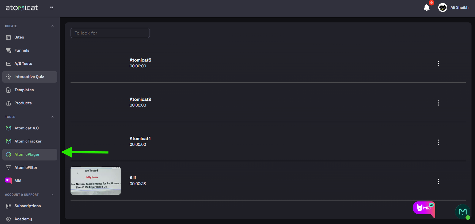 My Videos dashboard in AtomicPlayer