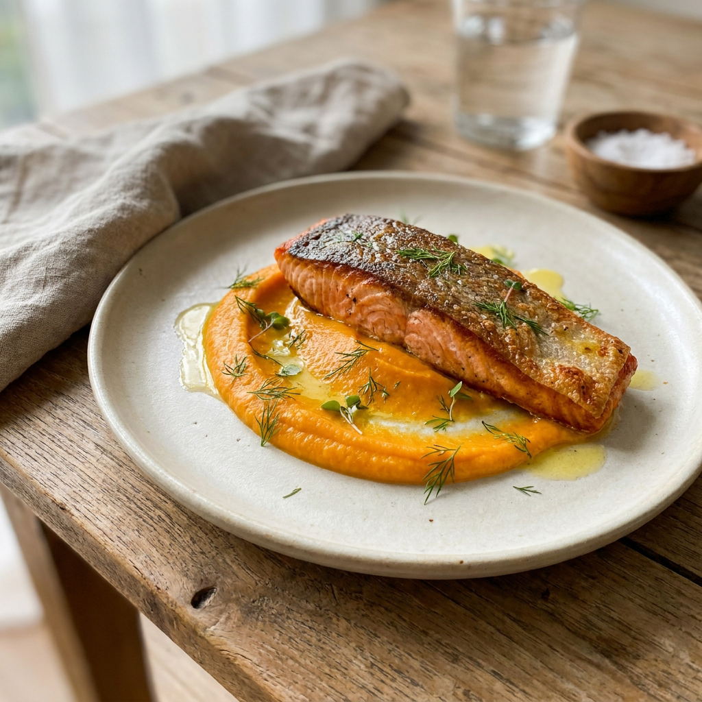 Salmón salvaje con puré de zanahoria al ghee