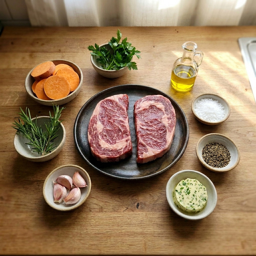 Bistec de res con batata asada y mantequilla de hierbas
