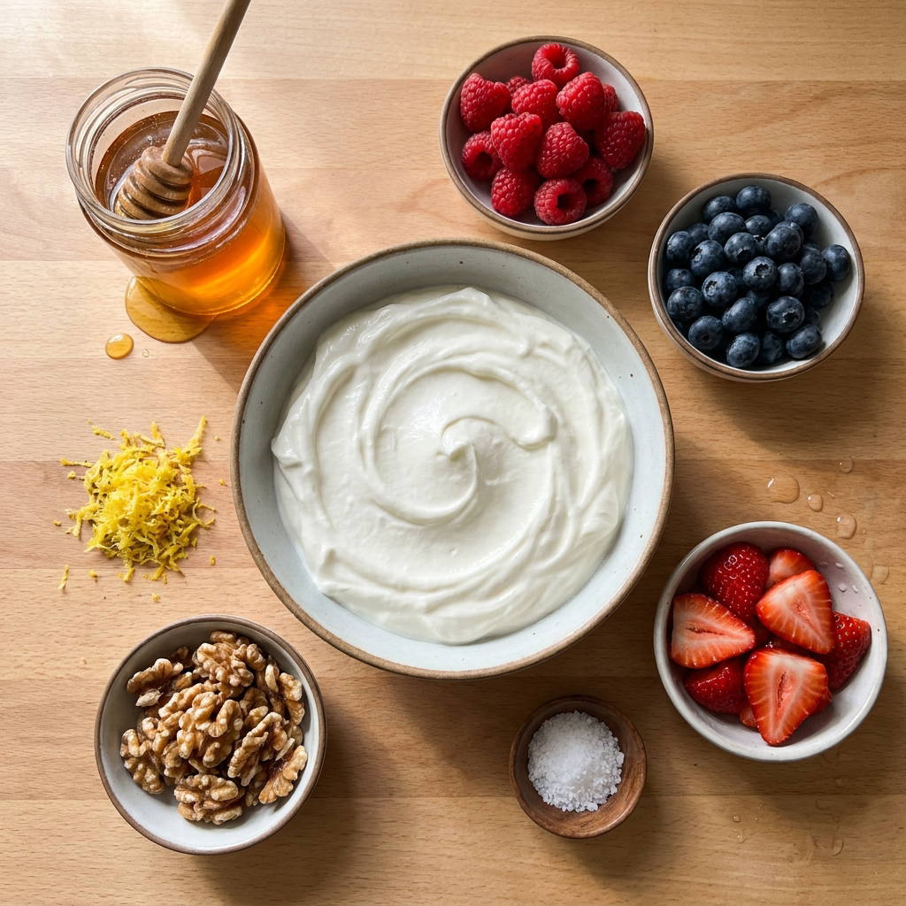 Yogur griego con miel cruda y frutos rojos
