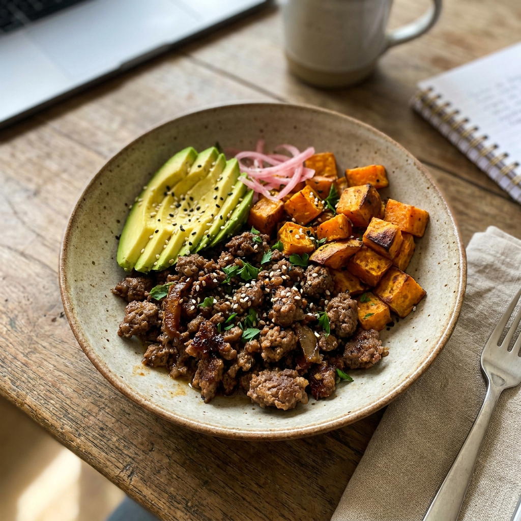 Bowl de carne molida con boniato y palta — receta animal-based