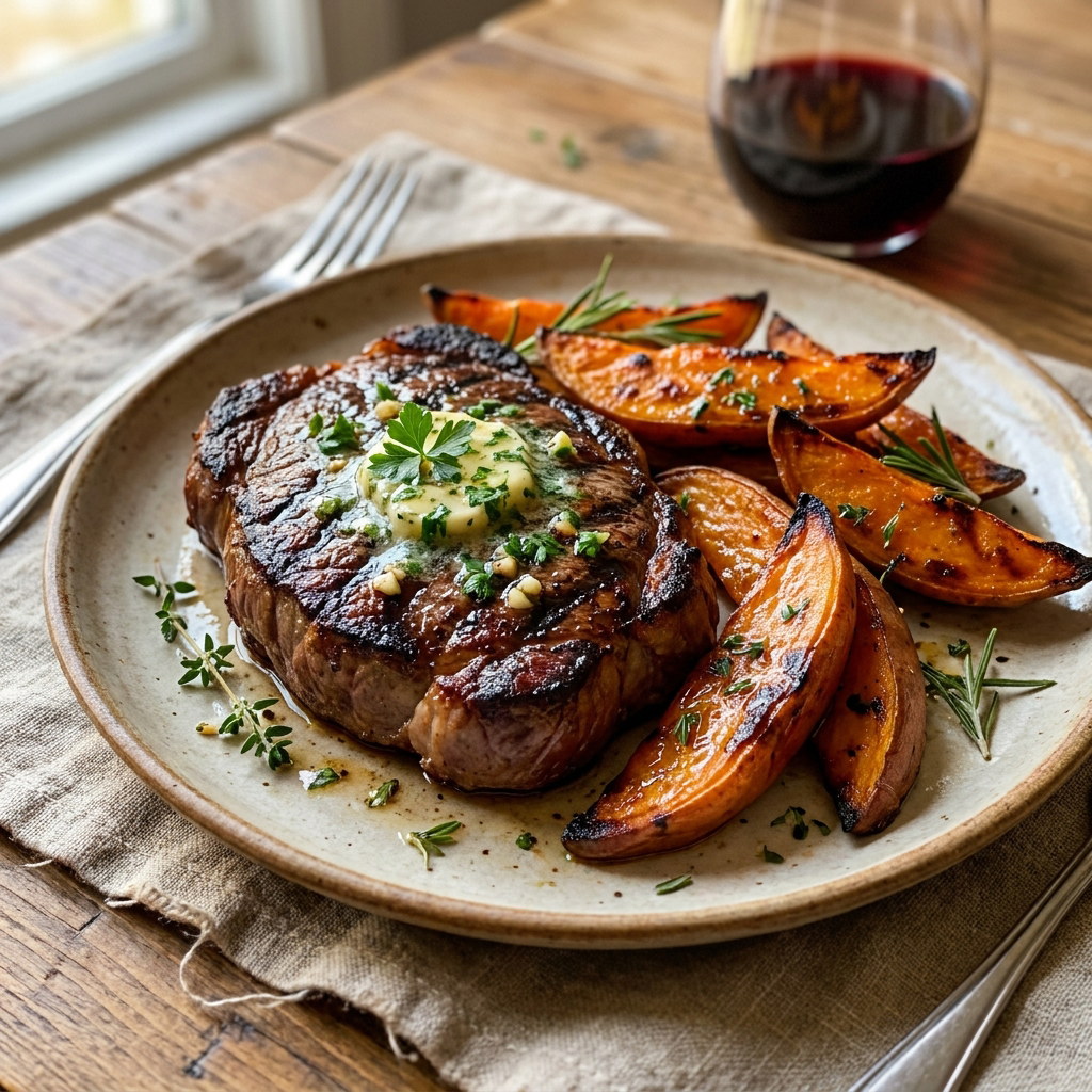 Bistec de res con batata asada y mantequilla de hierbas
