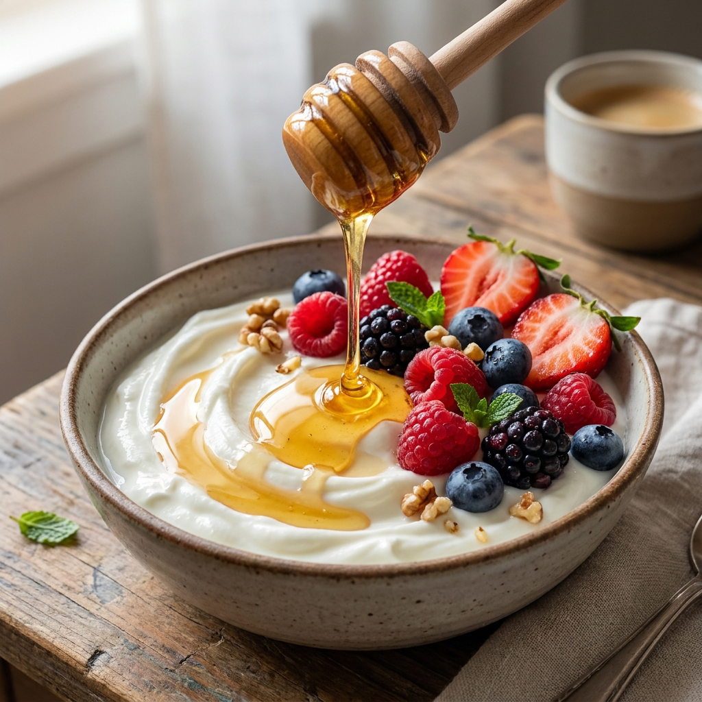 Yogur griego con miel cruda y frutos rojos — receta animal-based