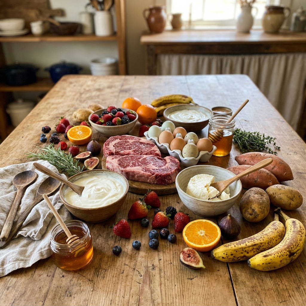 Mesa con carne, huevos, frutas y tubérculos — comida real animal-based