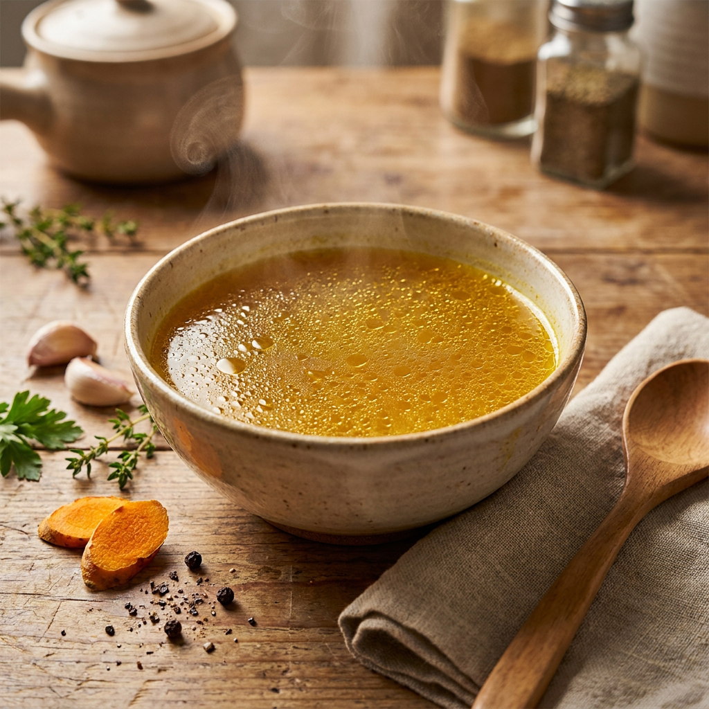 Caldo de huesos dorado con cúrcuma y jengibre