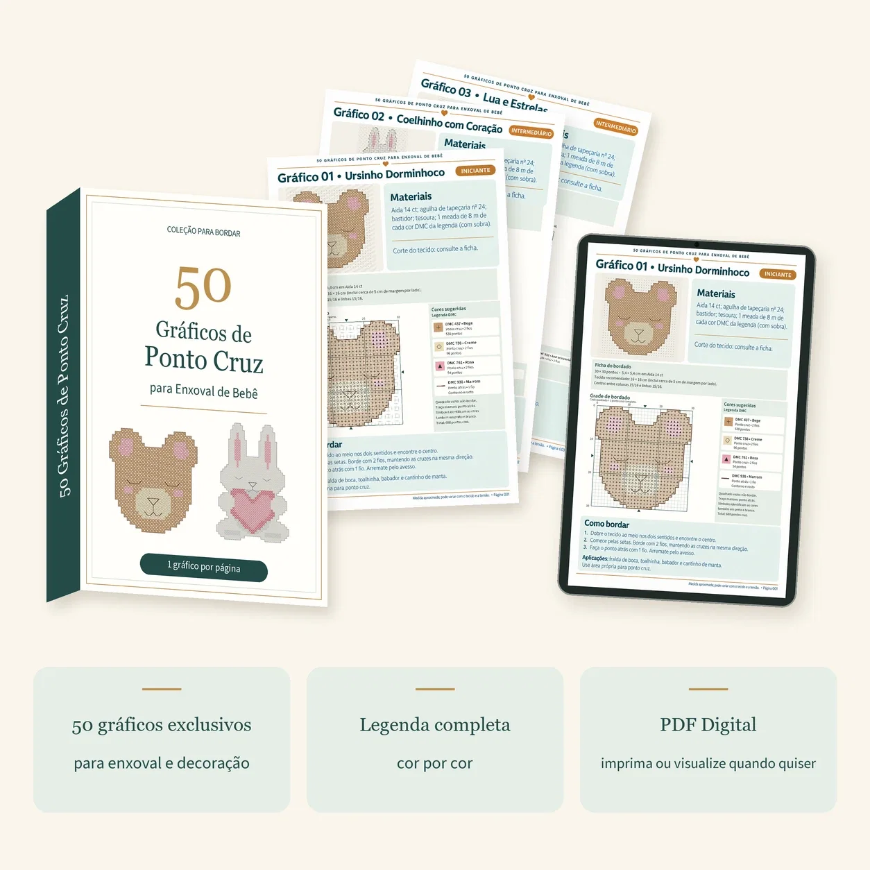 Material completo: capa, páginas internas e PDF aberto no tablet