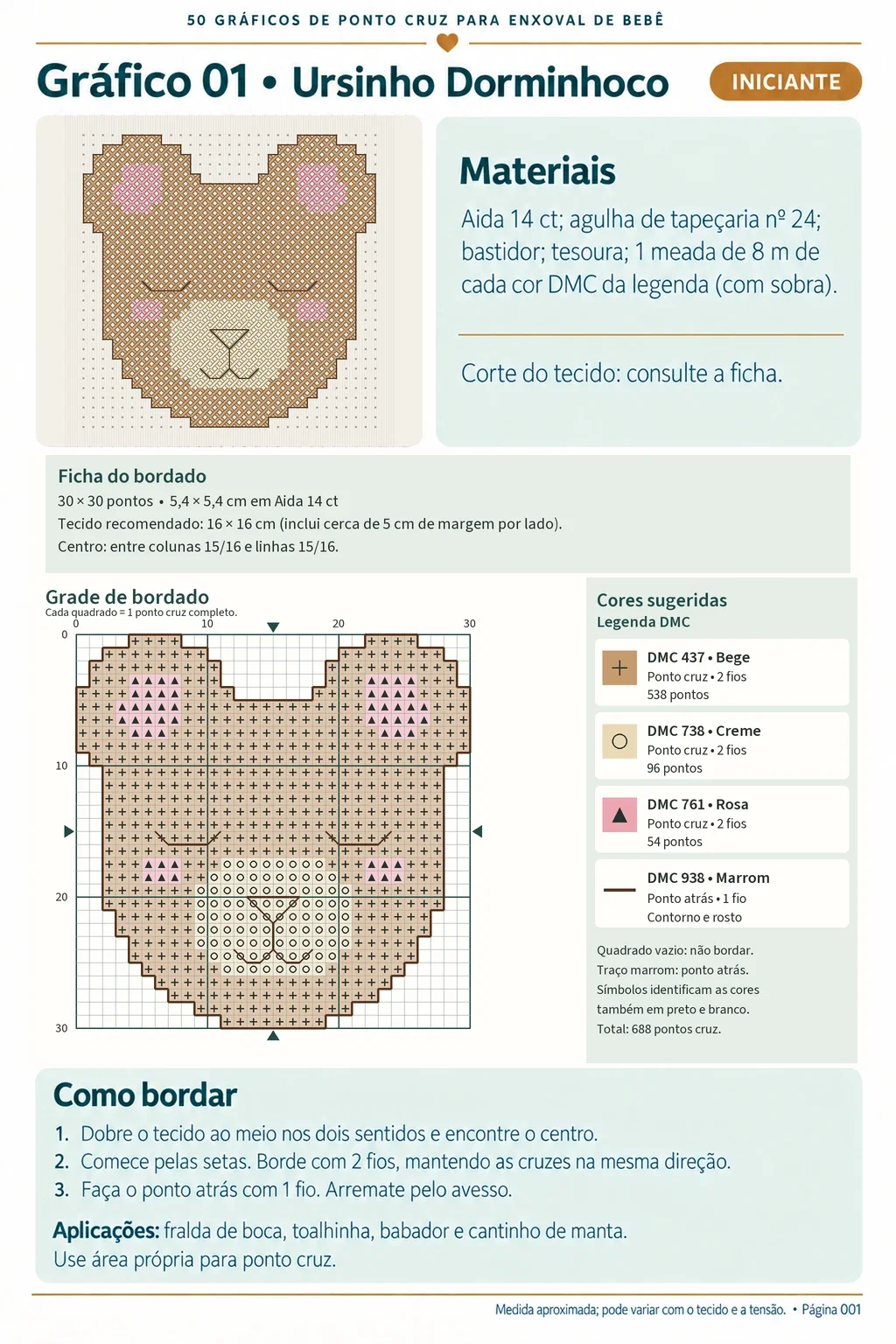 Página do PDF: Gráfico 01 — Ursinho Dorminhoco, com grade, legenda DMC e medida final