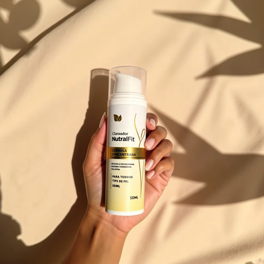 Clareador NutralFit em mãos sobre tecido bege