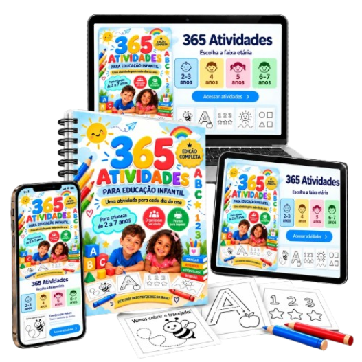 Mockup do material 365 Atividades para Educação Infantil e primeiros passos da alfabetização: caderno impresso, folhas de atividades, celular e computador
