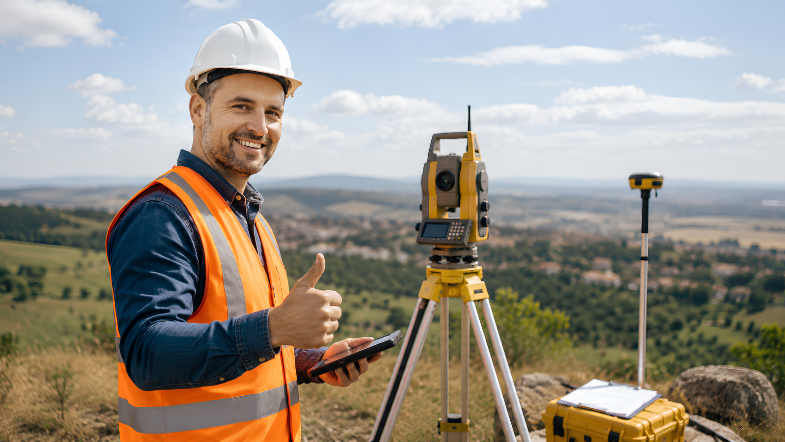 Profissional realizando medições topográficas em campo