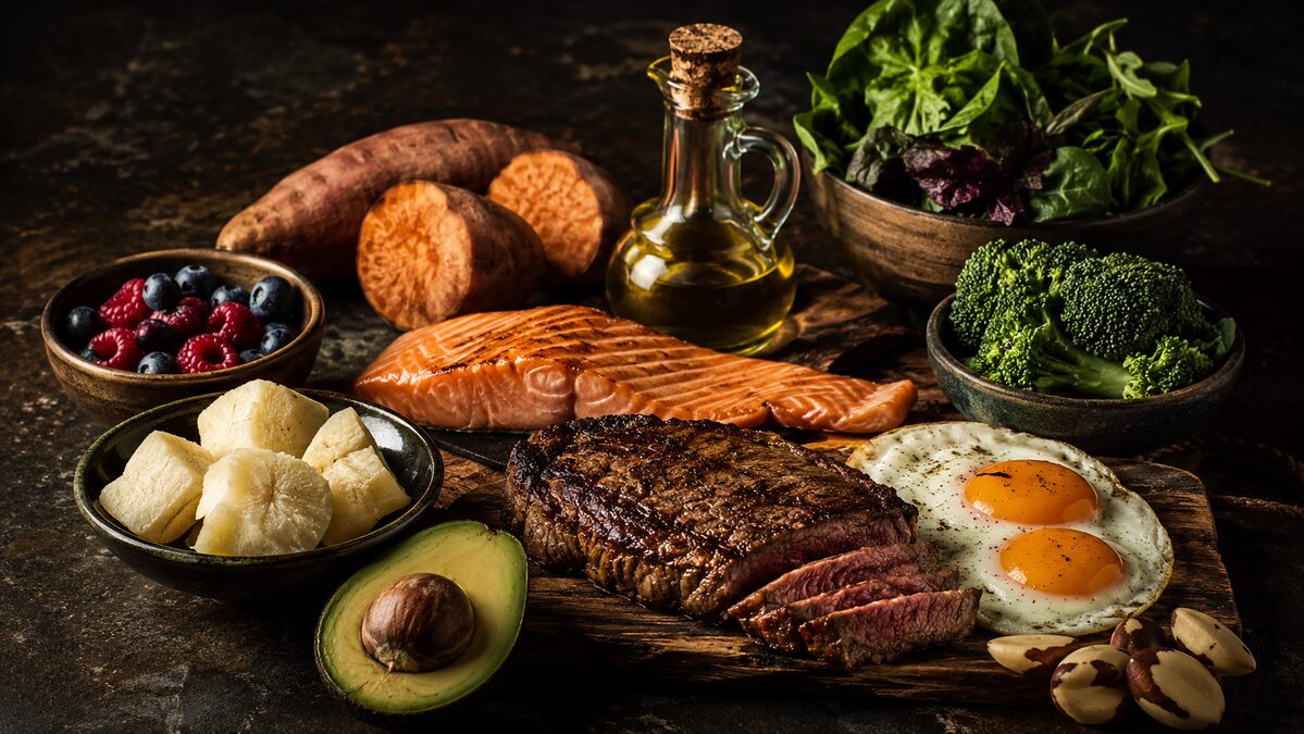 Alimentos naturais do Método Ancestral: carne, ovos, peixe, abacate, vegetais, mandioca e batata-doce