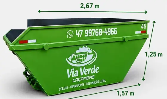 Caçamba grande de 5 m³ da Via Verde com medidas: 2,67 m de largura, 1,57 m de profundidade e 1,25 m de altura