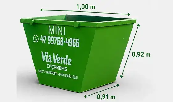 Caçamba mini de 1,5 m³ da Via Verde com medidas: 1,00 m de largura, 0,91 m de profundidade e 0,92 m de altura
