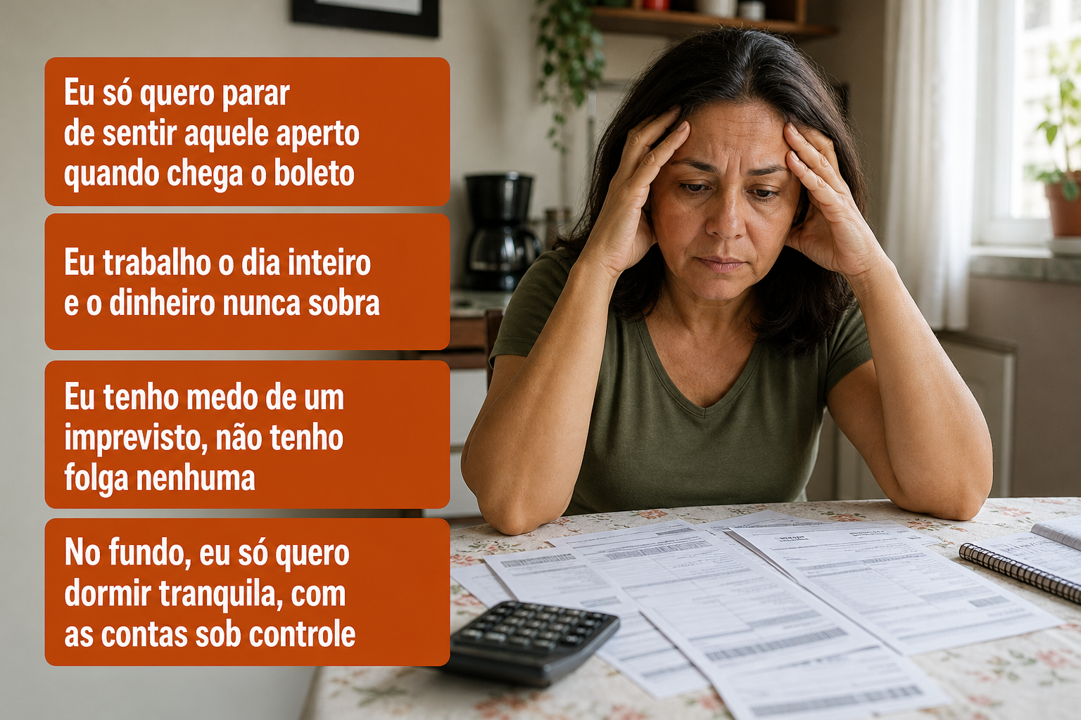 Mulher de cabeça baixa com as mãos na cabeça diante de contas na mesa da cozinha, com as frases: Eu só quero parar de sentir aquele aperto quando chega o boleto; Eu trabalho o dia inteiro e o dinheiro nunca sobra; Eu tenho medo de um imprevisto, não tenho folga nenhuma; No fundo, eu só quero dormir tranquila, com as contas sob controle