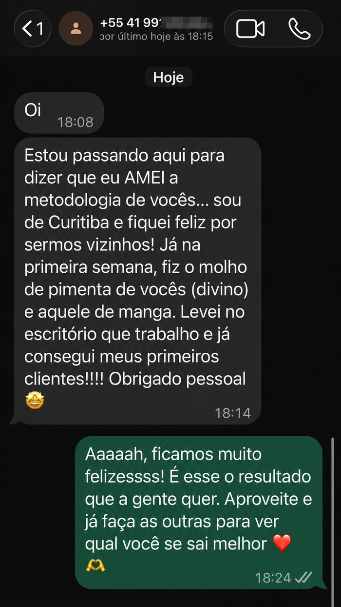 Depoimento de aluna do Protocolo enviado no WhatsApp: já consegui meus primeiros clientes