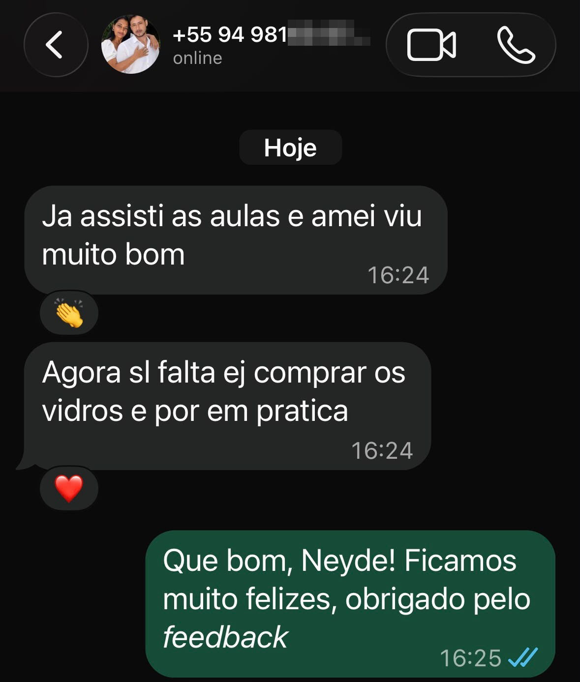 Depoimento da Neyde, aluna do Protocolo, enviado no WhatsApp