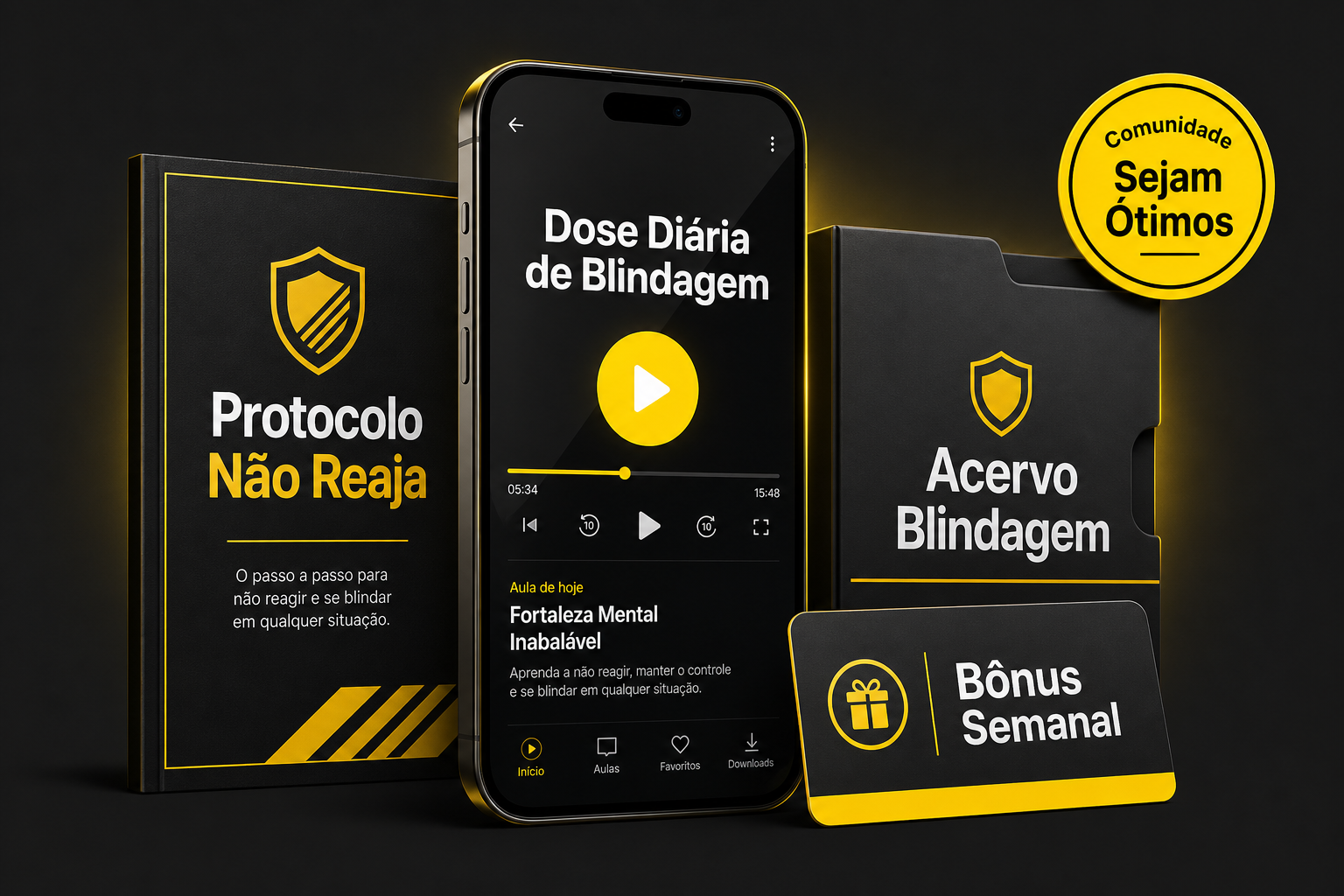 Tudo que você recebe na Blindagem Diária: vídeo diário, Protocolo Não Reaja, Acervo Blindagem, Bônus Semanal e Comunidade