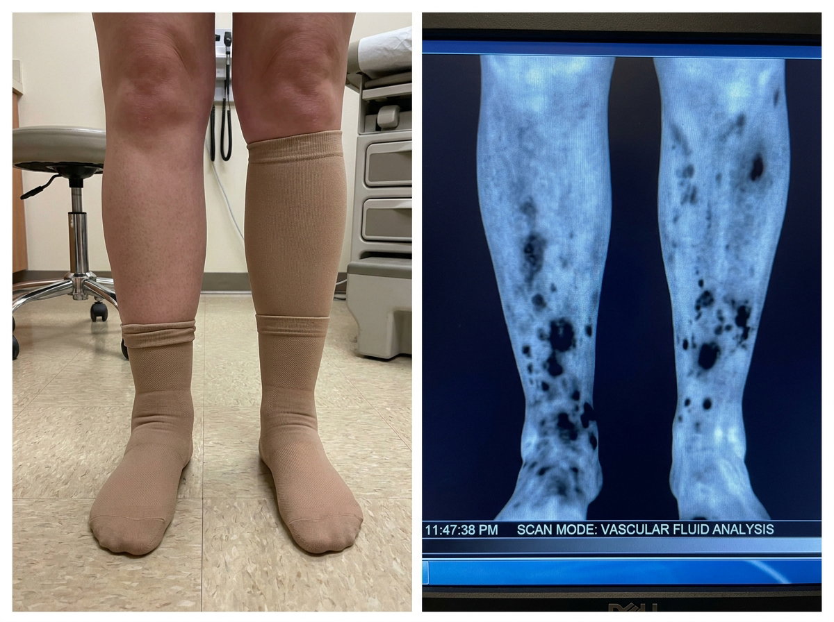 Two-panel medical image: swollen legs beside a scan showing dark leaking spots throughout the leg