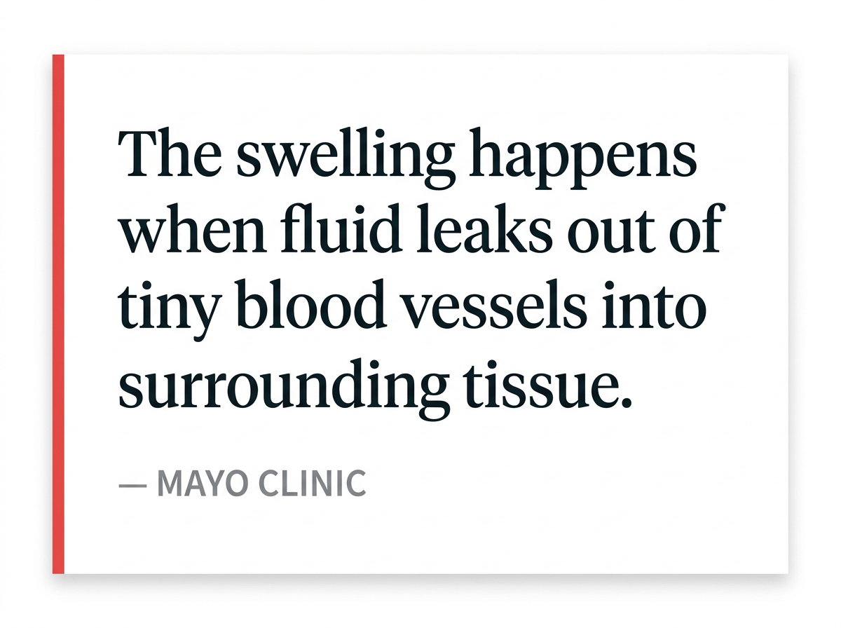 Mayo Clinic: the swelling happens when fluid leaks out of tiny blood vessels into the surrounding tissue