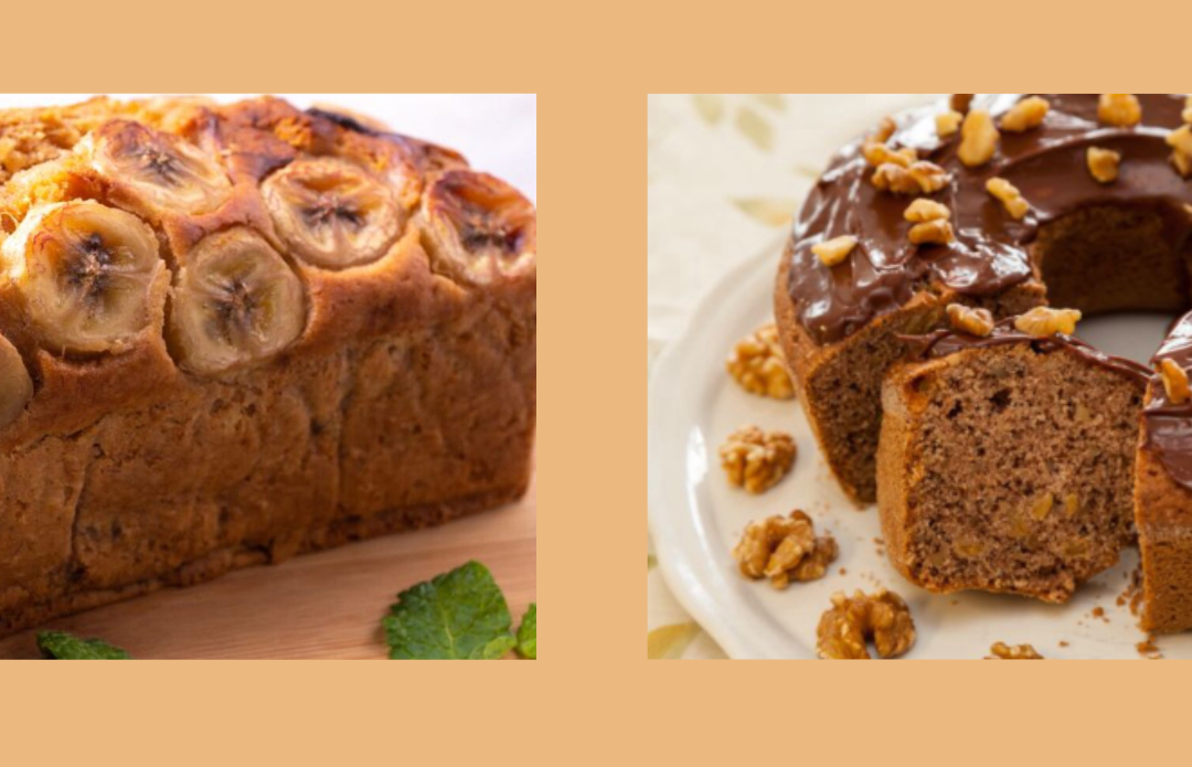 Bizcocho de banana caramelizado y bizcocho de chocolate con nueces