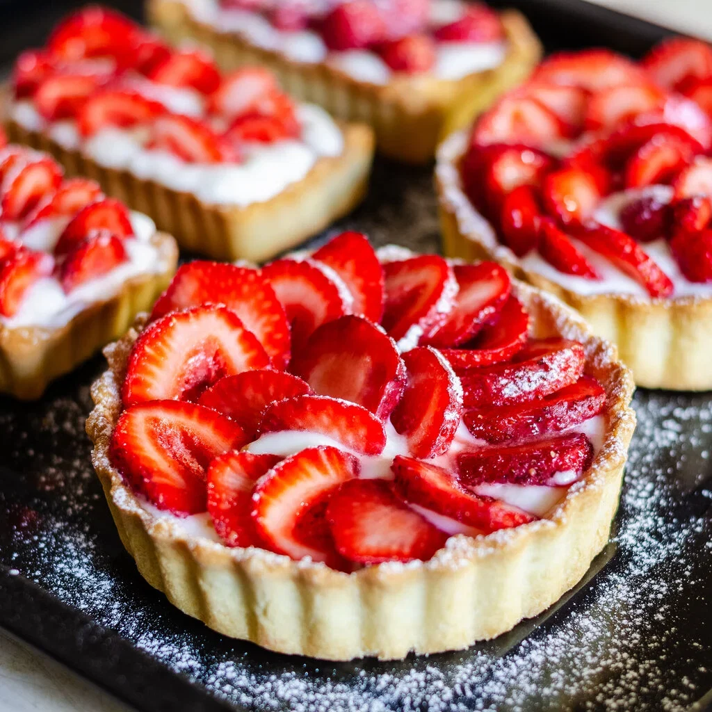 Tarta de fresa low carb con crema blanca y fresas frescas espolvoreadas con azúcar glas