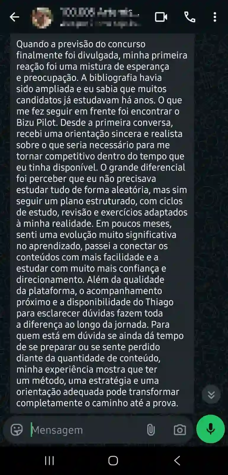 Depoimento de mentorado da Bizu Pilot