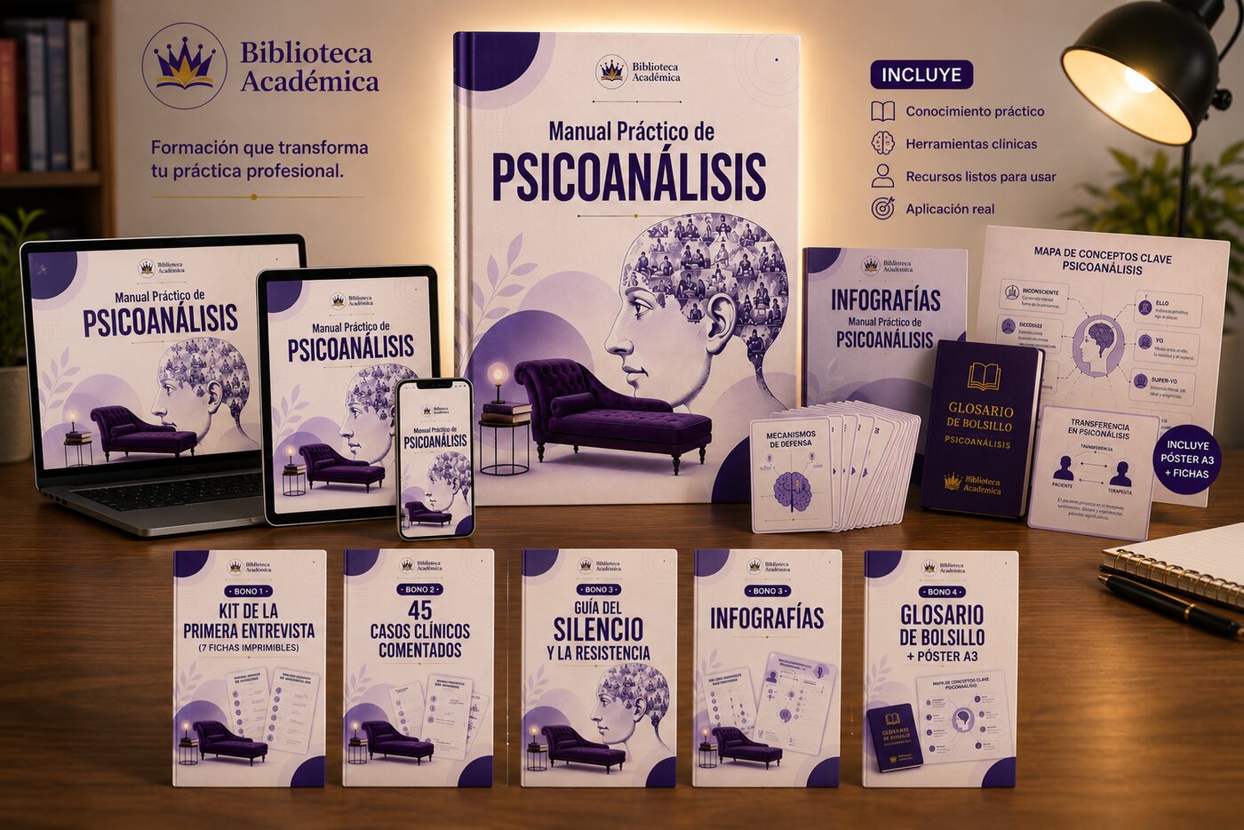 Pack completo: manual, 5 bonos, glosario, póster y fichas