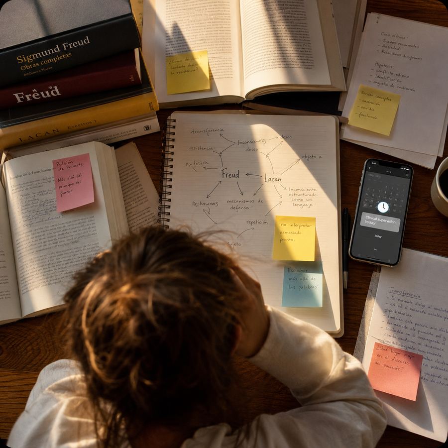 Escritorio de estudio desordenado: libros, notas y post-its sueltos sobre psicoanálisis