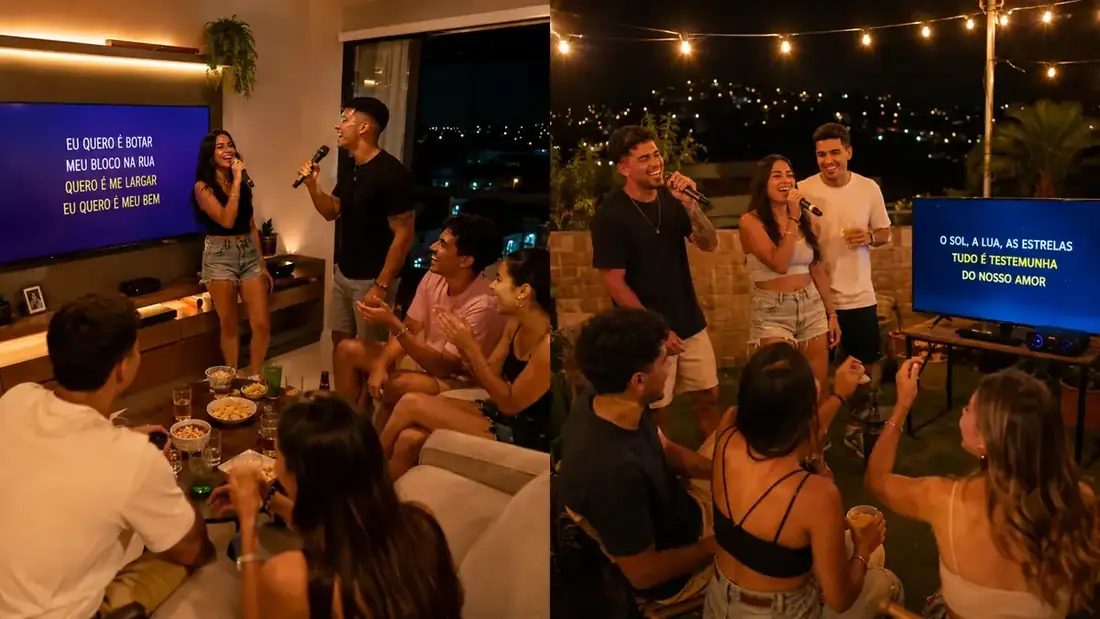 Jovens cantando karaoke — adicione sua imagem aqui