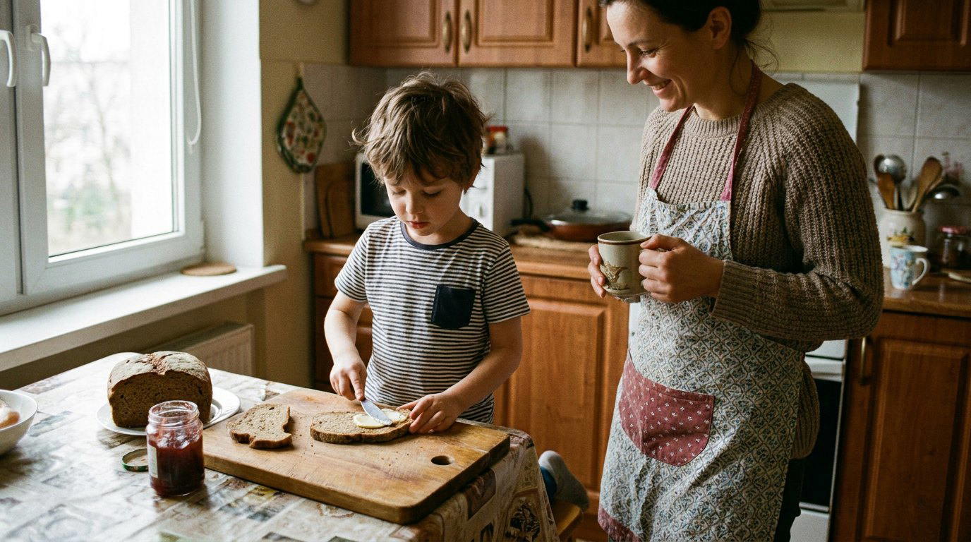 Chłopiec sam smaruje kanapkę, mama patrzy z uśmiechem