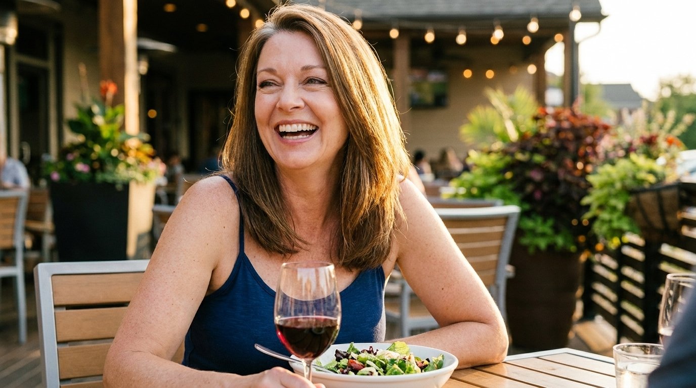 Woman smiling at dinner table, relaxed and present, no longer preoccupied with food