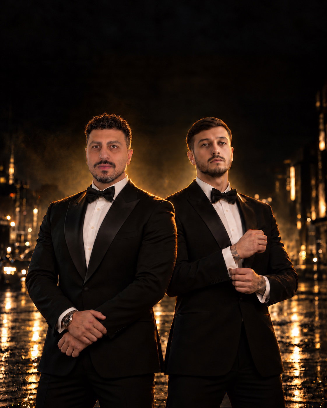 Sérgio Carvalho à esquerda e Leonardo Duncan à direita, de smoking preto sob luz dourada.