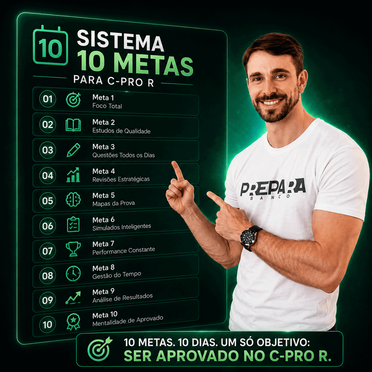 Samuel apontando para tela ou quadro com estrutura das metas