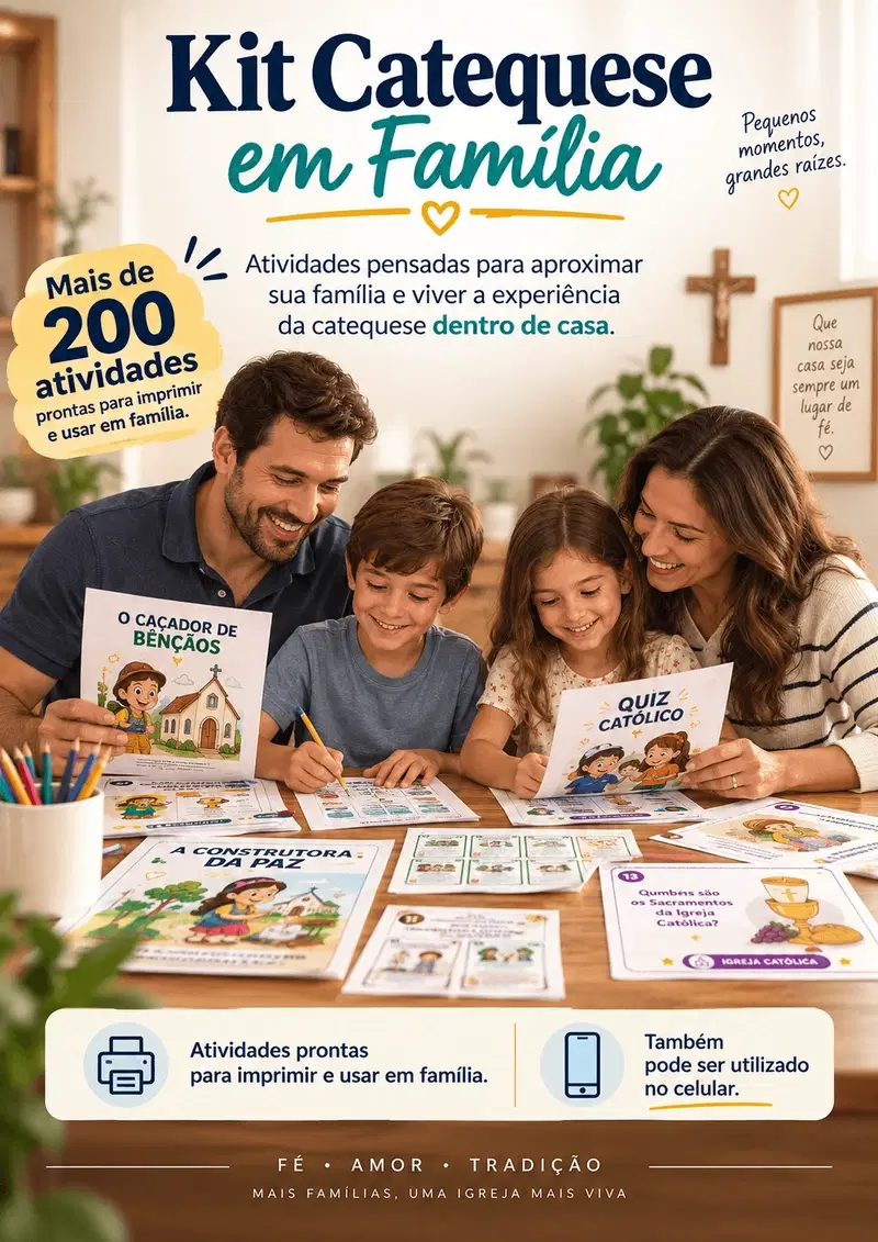Família reunida à mesa com atividades do Kit Catequese em Família