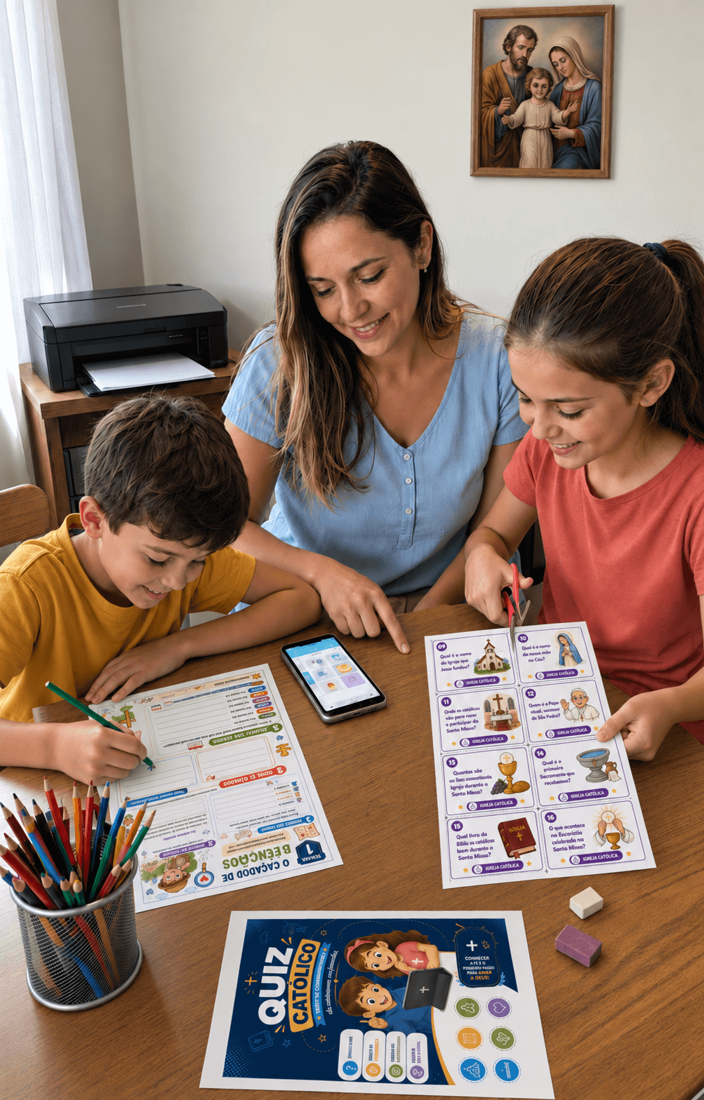 Família reunida à mesa com atividades impressas do Kit