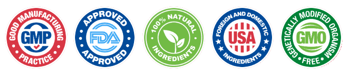 Trust seals: GMP, FDA, 100% Natural, USA, GMO Free