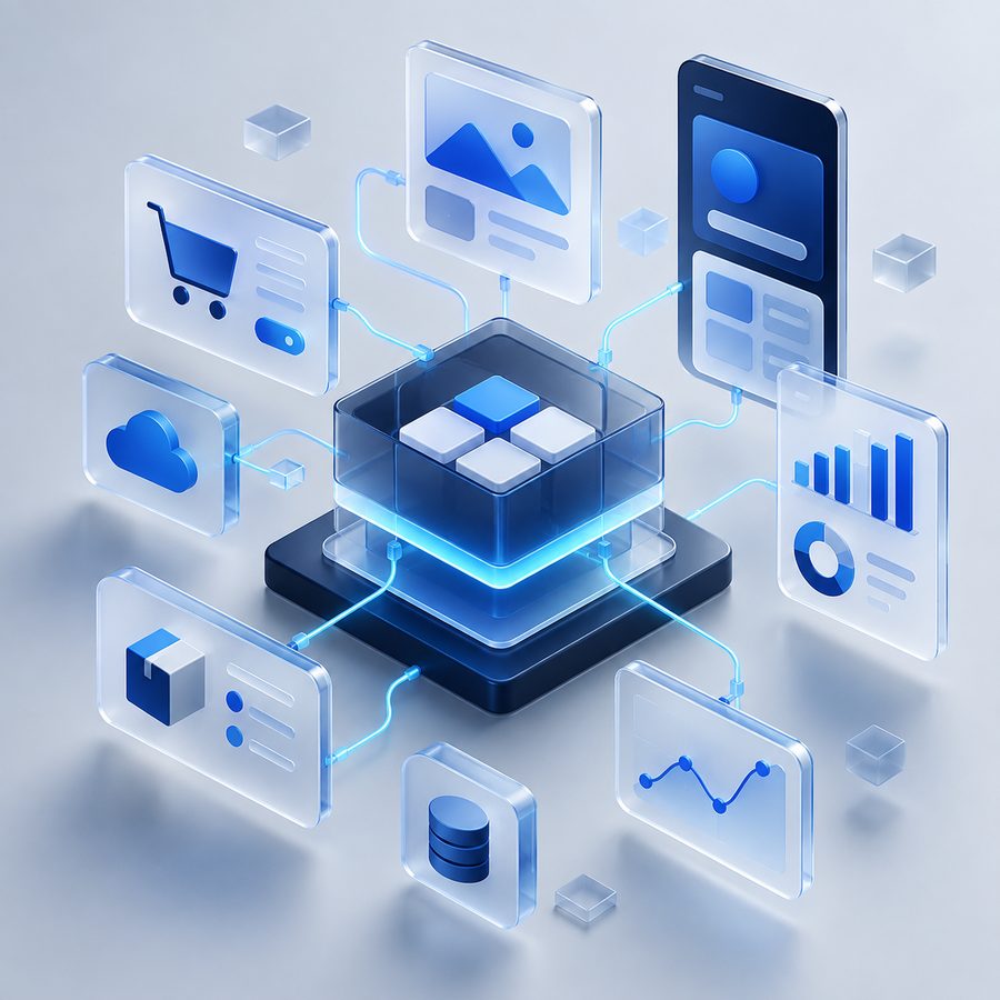 Connected digital product system with commerce and analytics cards