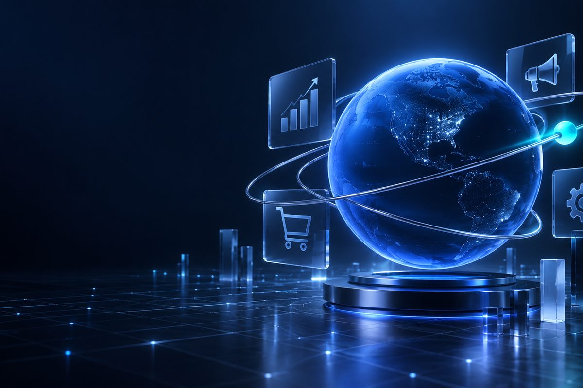 Blue digital growth globe with commerce and marketing signals