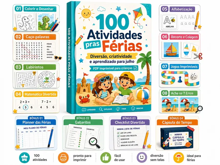 100 Atividades pras Férias — visão geral do material com todos os blocos de atividades