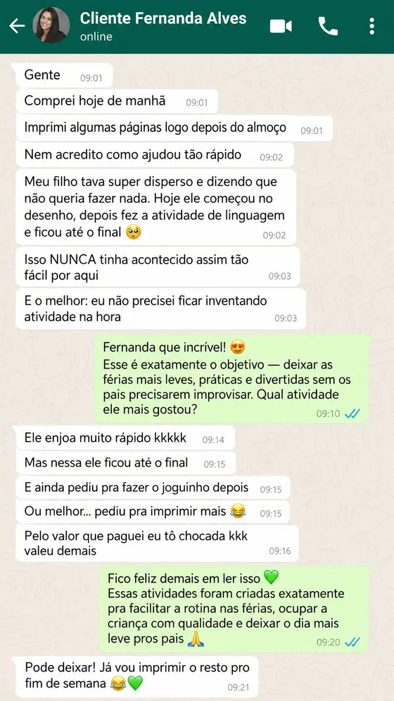 Depoimento de mãe 5 — print real de compradora