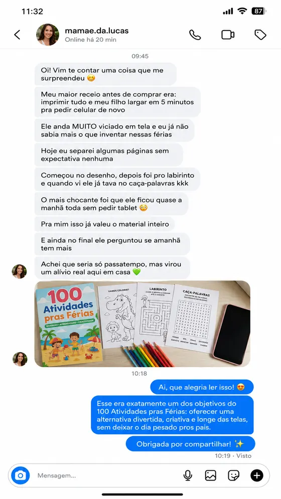 Depoimento de mãe 3 — print real de compradora
