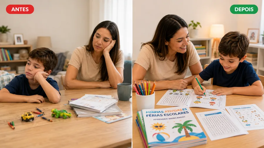 Antes: criança entediada e mãe cansada. Depois: criança concentrada e mãe sorrindo, usando o material de atividades