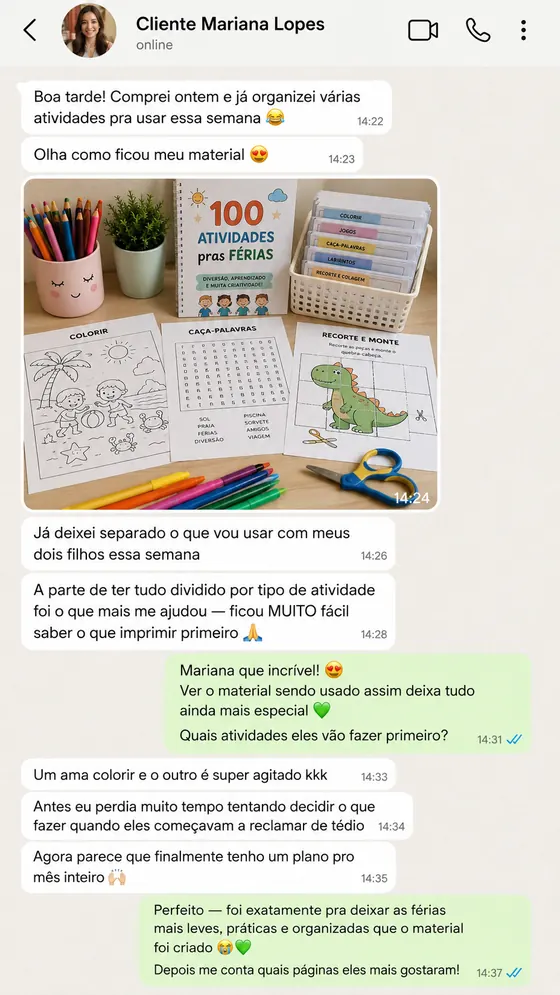 Depoimento de mãe 4 — print real de compradora