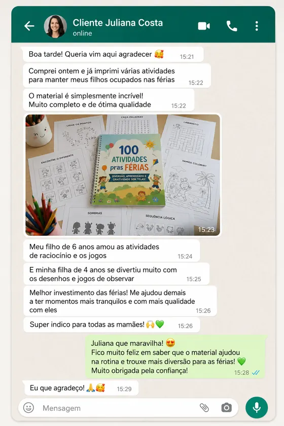 Depoimento de mãe 2 — print real de compradora