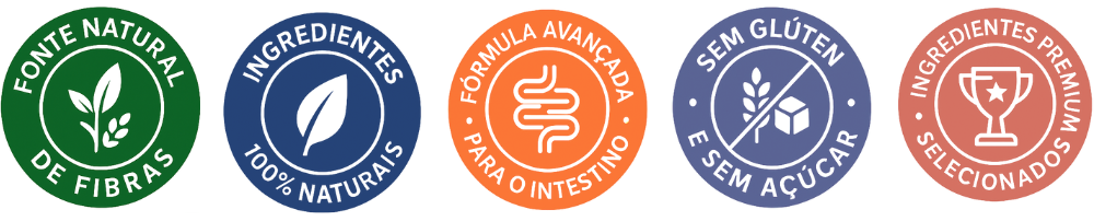 Selos de qualidade: fonte natural de fibras, ingredientes 100% naturais, fórmula avançada, sem glúten e sem açúcar, ingredientes premium