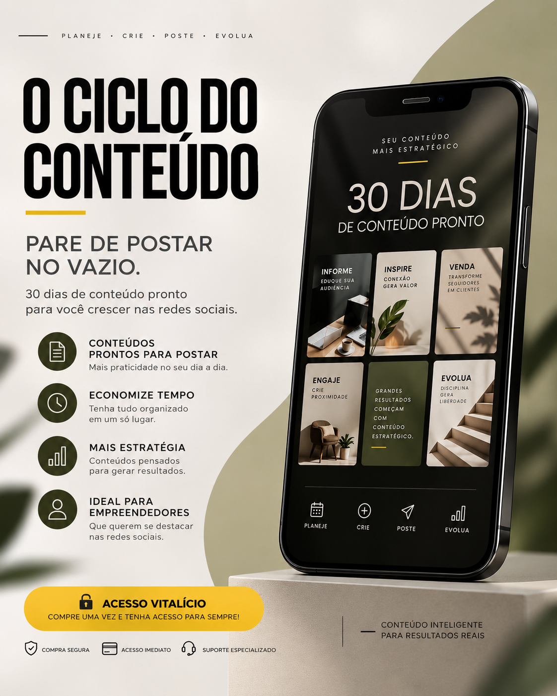 Mockup de celular exibindo posts de Instagram gerados com O Ciclo do Conteúdo