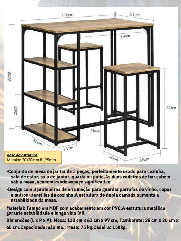 Página real do acervo com medidas de conjunto de mesa e bancos em metalon