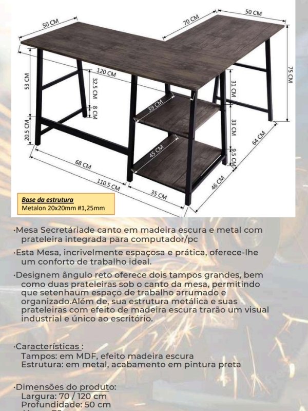 Página real do acervo com medidas de mesa de canto em metalon