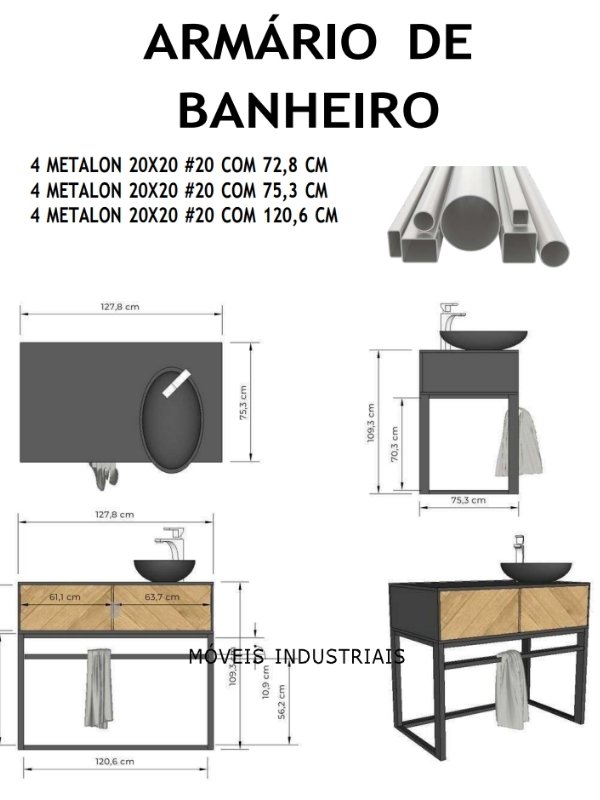 Página real do acervo com vistas e medidas de armário de banheiro em metalon
